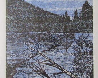 Forest River Landscape woodblock print woodcut Japanese Moku Hanga washi paper signed Clark