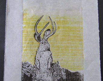 American Jackelope lapin antilope estampe gravure sur bois Moku Hanga Washi japonais signé Clark
