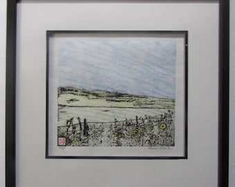 Roadside Sunflower Field original hand carved woodblock print  Moku Hanga Japanese washi paper signed, Beautifully Framed!