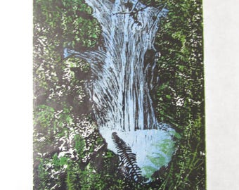 Forest stream waterfall Taki hand carved woodcut original woodblock print Japanese moku hanga signed Clark