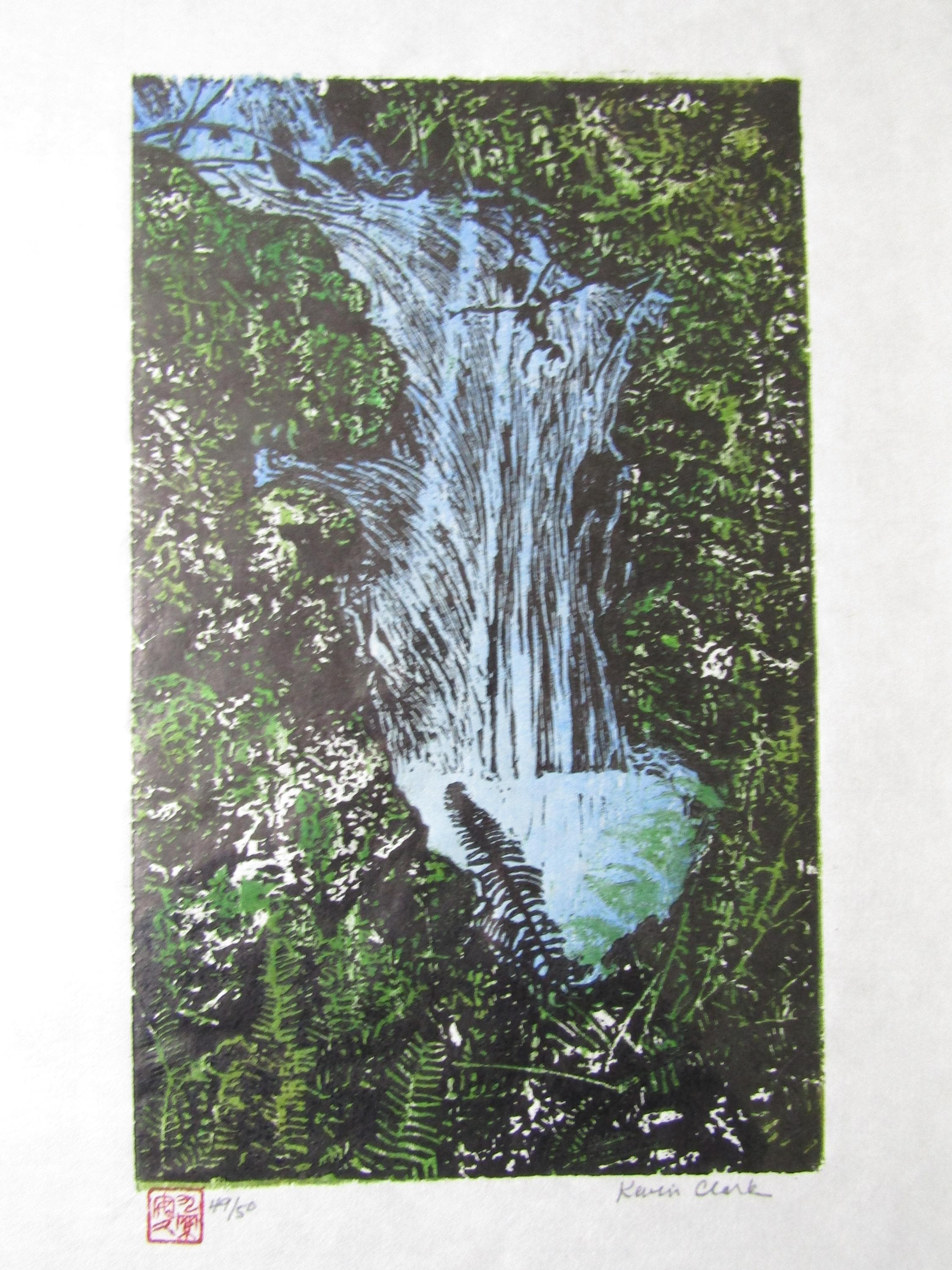Forest Stream Waterfall Taki Hand Carved Woodcut Original