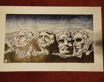 Mount Rushmore Washington, Jefferson, Lincoln, Roosevelt hand carved woodblock print woodcut Japanese moku hanga signed Clark
