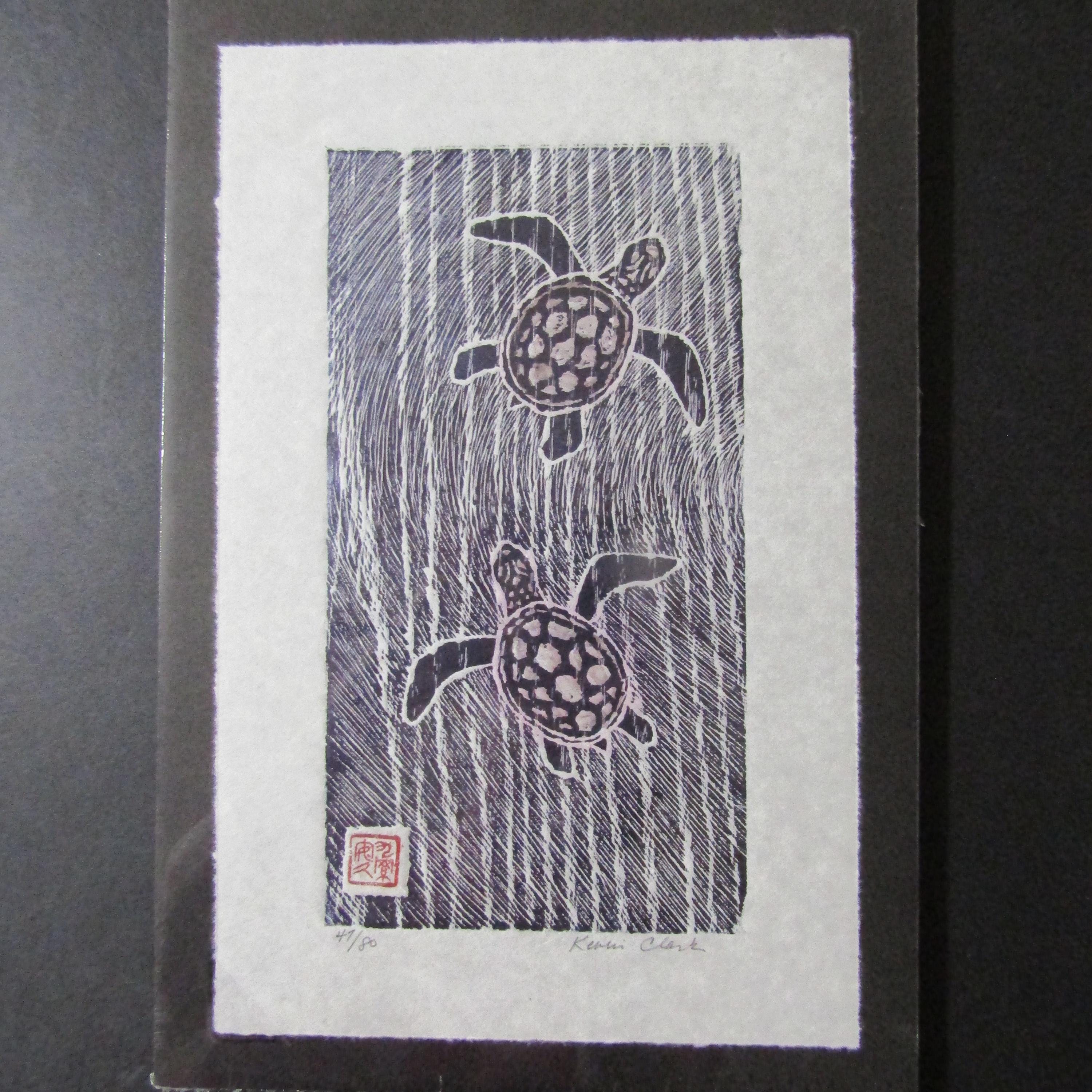 Ocean Sea Turtles Kame Woodcut Hand Carved Woodblock Print