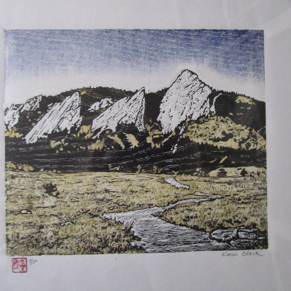 original woodblock print Japanese Moku Hanga Flatirons Rocky Mountains Colorado signed Kevin Clark