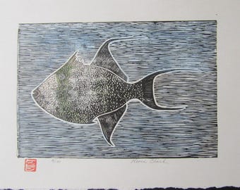 Ocean Sea Trigger Fish Kawahagi Hand Carved Woodcut Woodblock