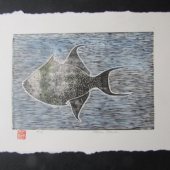 Ocean Sea Trigger Fish Kawahagi Hand Carved Woodcut Woodblock