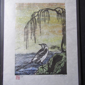 Sekirei wagtail Bird original hand carved woodblock print woodcut Banhua Japanese Moku Hanga signed Clark