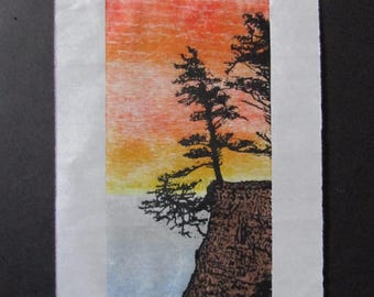 Pine Fir Cedar Tree Forest Cliff edge original hand carved woodblock print Moku Hanga Japanese washi paper signed Kevin Clark