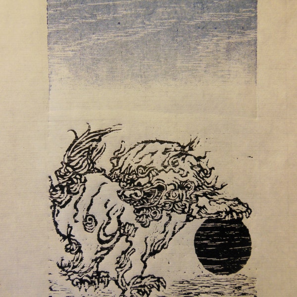 Temple fu dog lion Woodblock print Engraving Chinese Banhua Moku Hanga Japanese Washi signed Clark