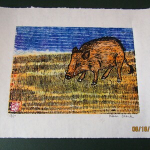 Wild pig Boar hog sow woodcut engraving hand carved woodblock print Japanese washi paper signed Clark
