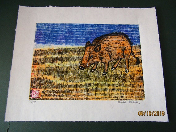 Wild Pig Boar Hog Sow Woodcut Engraving Hand Carved