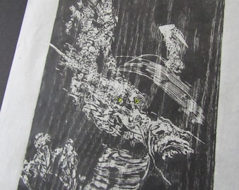 Smiling Dragon Wood Ryu liu LARGE hand carved woodblock print woodcut kaiju Japanese moku hanga washi paper signed Clark