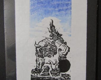 Temple Okinawa Shisa dog lion Woodblock print woodcut Moku Hanga Japanese Washi signed Clark
