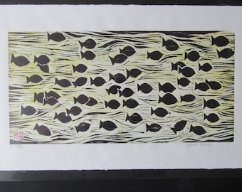Big Fish School Hand Carved Woodcut Woodblock Print Japanese Moku