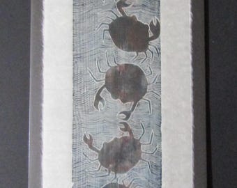 5 Large Crab Kani original hand carved woodcut woodblock print Moku Hanga Japanese washi paper signed Clark