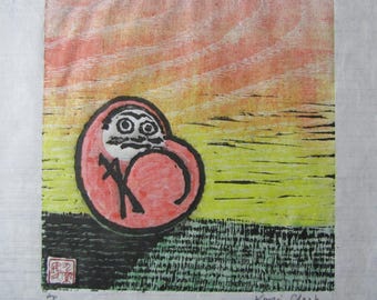 Darma Daruma Wa! original handgeschnitzter Holzschnitt Moku Hanga auf japanischem Washi Papier signiert Heben Clark