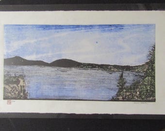 Crater Lake National Park Oregon hand carved woodcut woodblock print Japanese moku hanga washi paper signed Kevin Clark