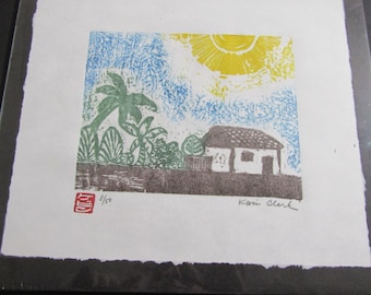 Tropische Jungle Village huis hand gesneden houtblok print Japanse Moku Hanga Banhua ondertekend Clark