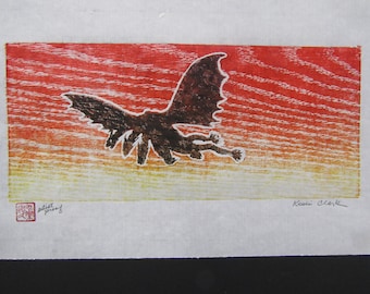 Kaiju 3 Headed Dragon Monster dinosaur original hand carved woodblock print woodcut Moku Hanga Japanese washi paper signed Kevin Clark