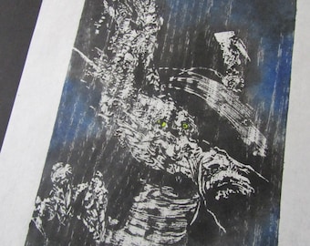 Smiling Dragon Wood Ryu liu LARGE hand carved woodblock print woodcut kaiju Japanese moku hanga washi paper signed Clark
