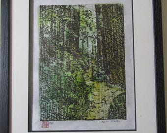 Trail Hike Forest Path moderne minimalistische handgesneden houtsnede originele houtsnede Japanse moku hanga proof gesigneerd Clark CUSTOM INGELIJST