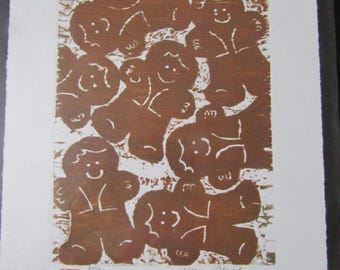Gingerbread Men cookies hand carved woodcut woodblock print Japanese moku hanga signed Kevin Clark