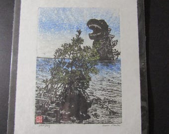 Kaiju Godzilla Monster Dinosaur Mangrove Tree Sunset Original Hand