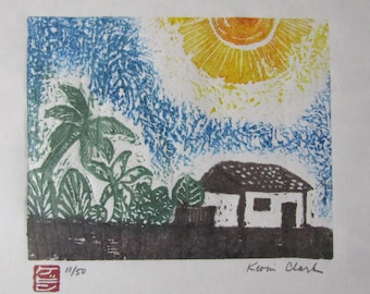 Tropical Okinawa Jungle Village hut house carved woodblock print woodcut Japanese Moku Hanga signed Clark