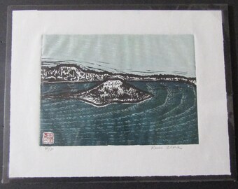 Crater Lake National Park Oregon Modern hand carved woodcut woodblock print Japanese moku hanga washi paper signed Kevin Clark