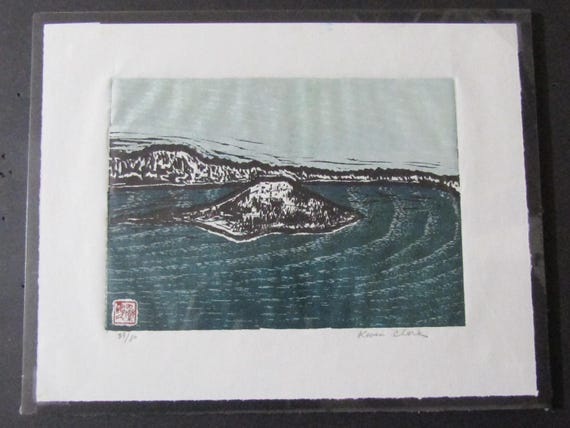 Crater Lake National Park Oregon Modern Hand Carved Woodcut