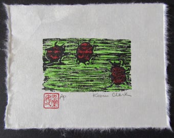 Ladybug beetle bug insect Woodblock print woodcut Moku Hanga Japanese Washi signed Clark