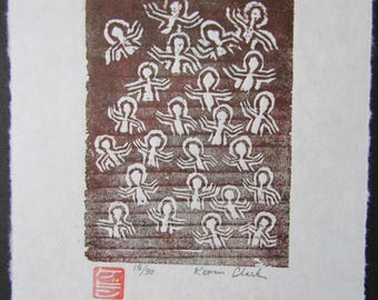 YMCA Swimming Pool crowd Modern Party original hand carved woodblock print woodcut Moku Hanga Japanese washi paper signed Kevin Clark