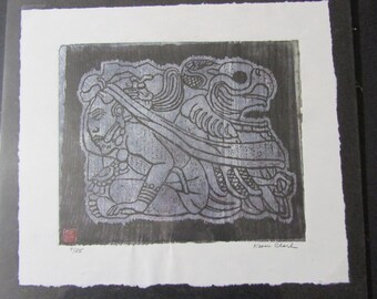 Mayan Glyph Copan Honduras woodcut grabado engraving carved woodblock print Japanese moku hanga washi paper signed Kevin Clark