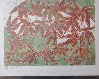 Japanese Maple tree leaf Large hand carved woodcut woodblock print Moku Hanga signed Kevin Clark