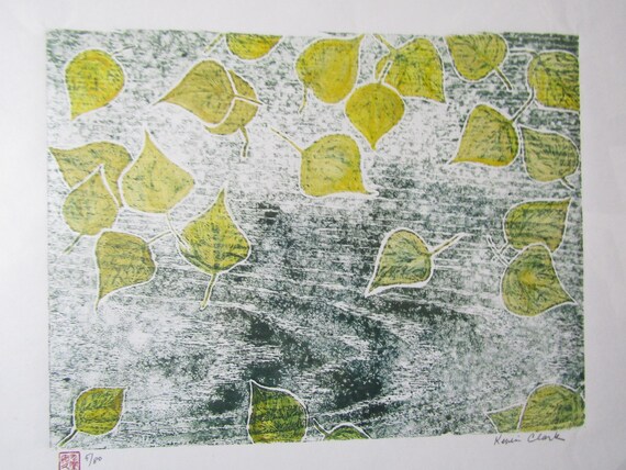 木版画 樹木 緑色の葉 ポプラとアスペンの葉、手彫りの木版画、木版画、日本の杢目、和紙