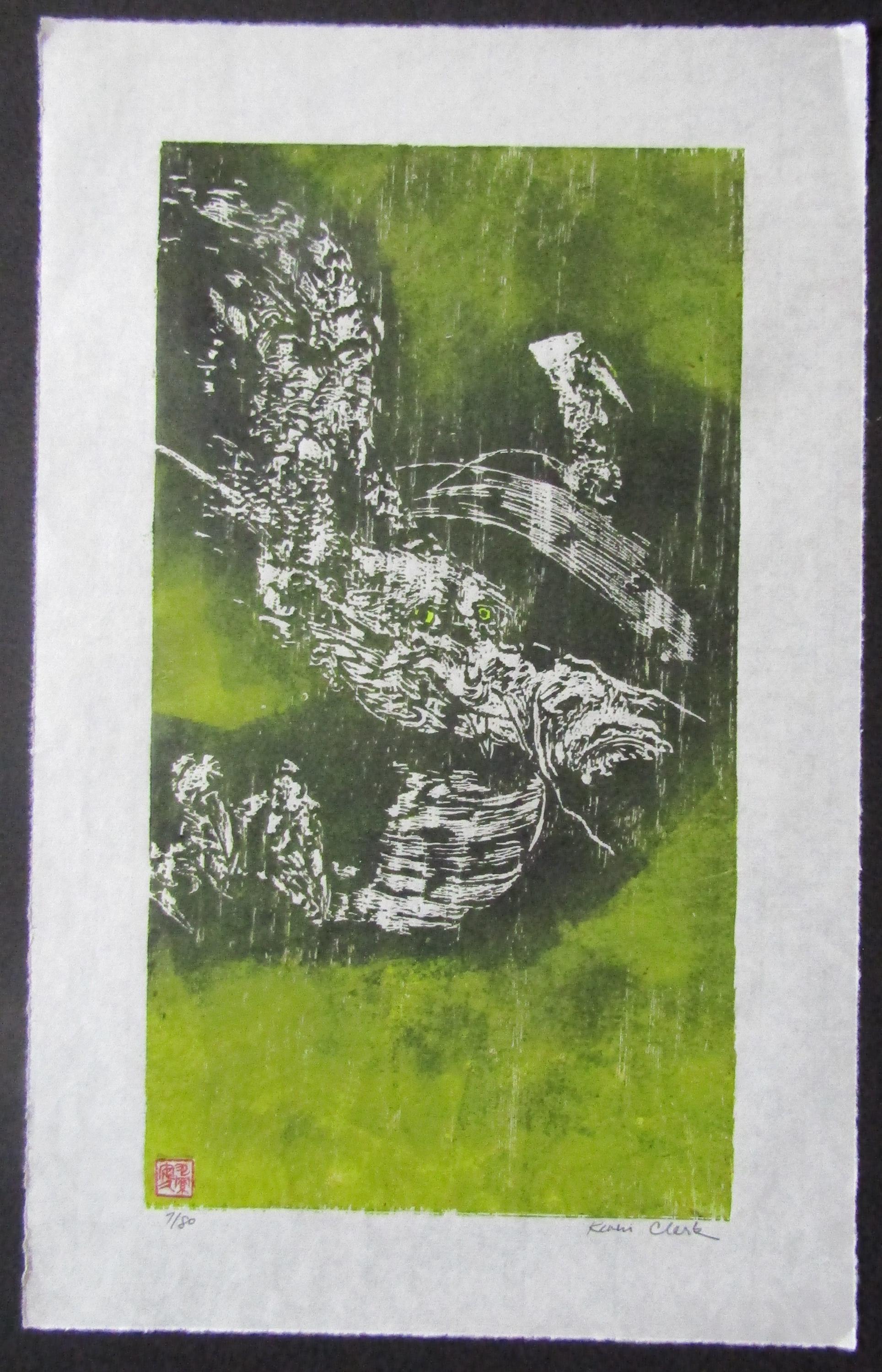 Smiling Dragon Wood Ryu liu 大型手彫り木版画 木版画怪獣 日本杢版画