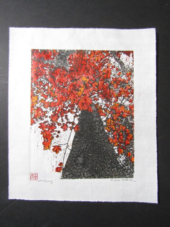 Up A Maple Tree Original Hand Carved Woodblock Print Japanese Moku