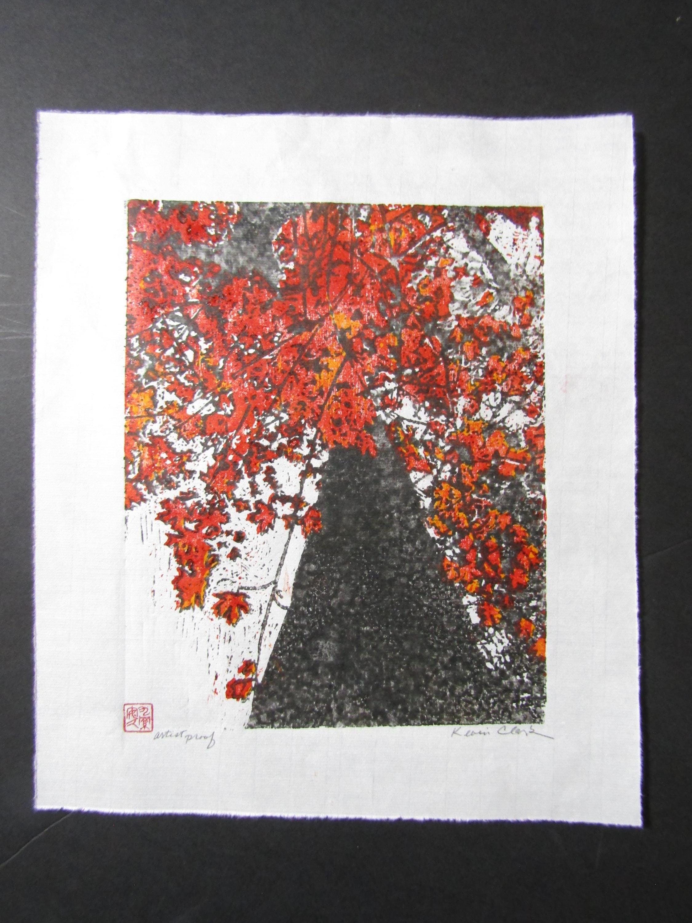 Up A Maple Tree Original Hand Carved Woodblock Print Japanese Moku