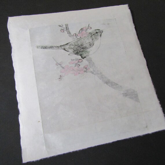 春の歌 ウグイス 鳥 梅の花 赤富士 山の景色 大きな手彫りの木版画