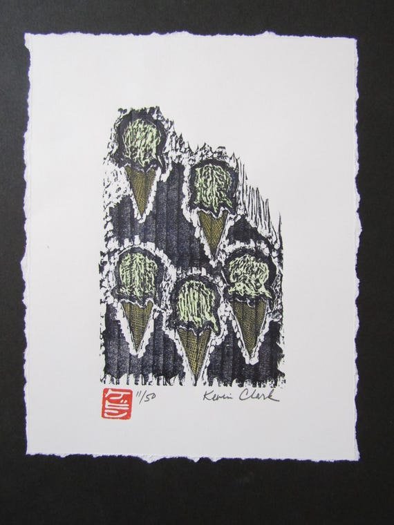 Ice Cream Cones Pistachio Original Hand Carved Woodblock Print