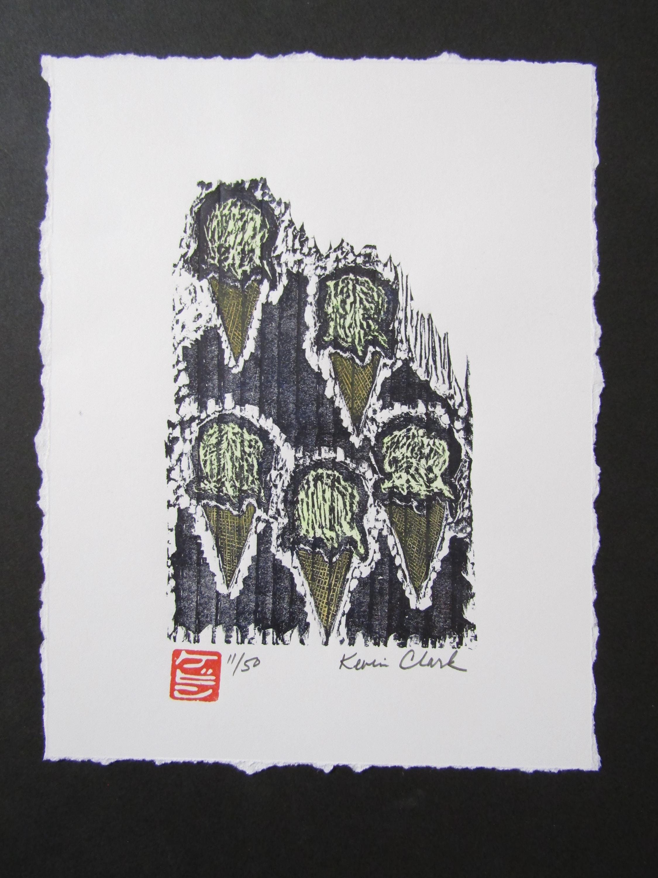 Ice Cream Cones Pistachio Original Hand Carved Woodblock Print