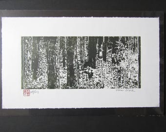 Forest Undergrowth vine maple trees hand carved woodblock print Japanese moku hanga signed Kevin Clark