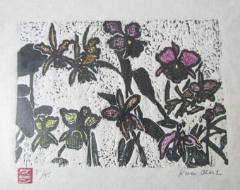 Orchid Greenhouse Flowers woodcut engraving hand carved woodblock print Japanese moku hanga washi paper signed Clark