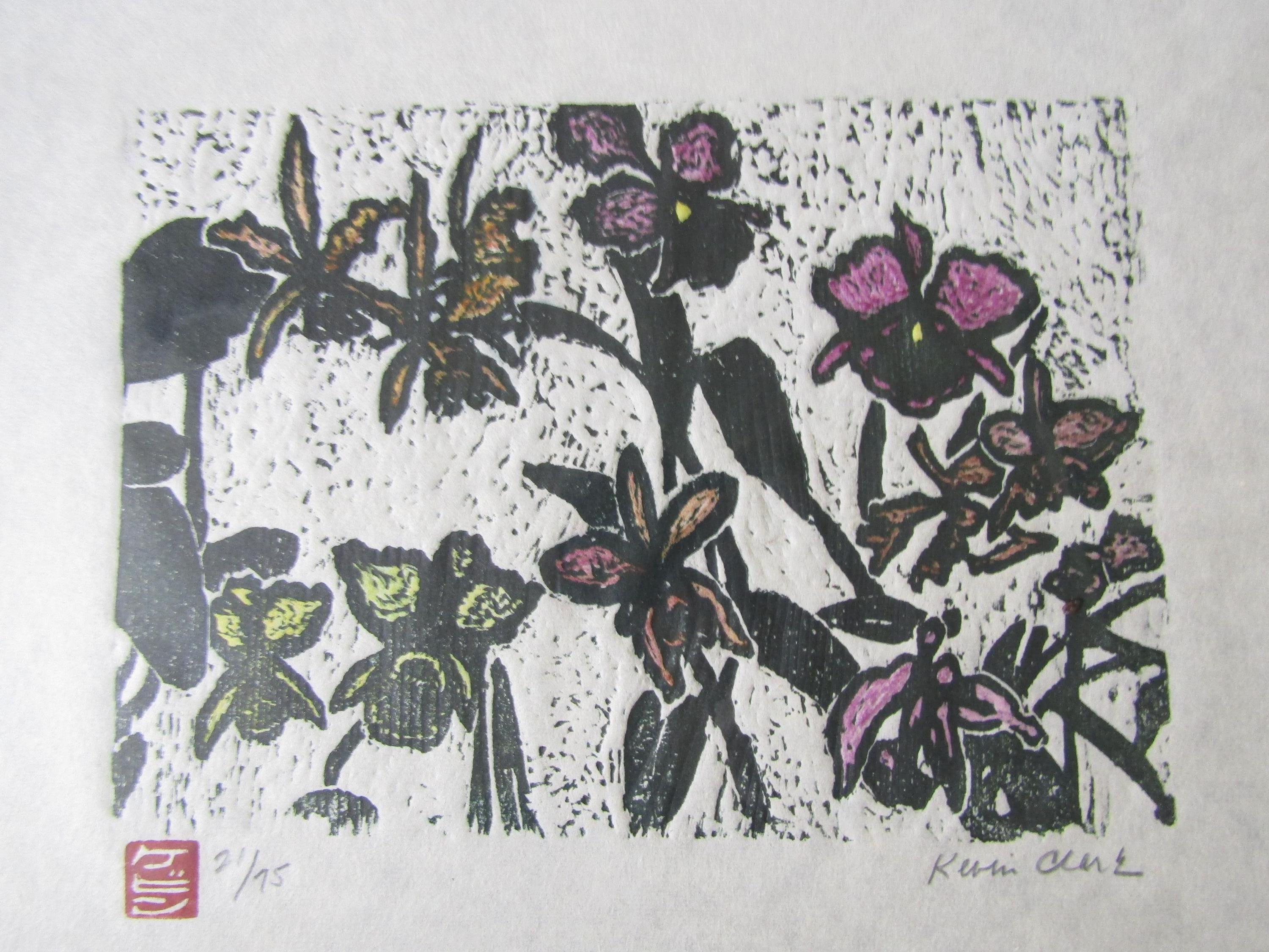 Orchid Greenhouse Flowers Woodcut Engraving Hand Carved Woodblock