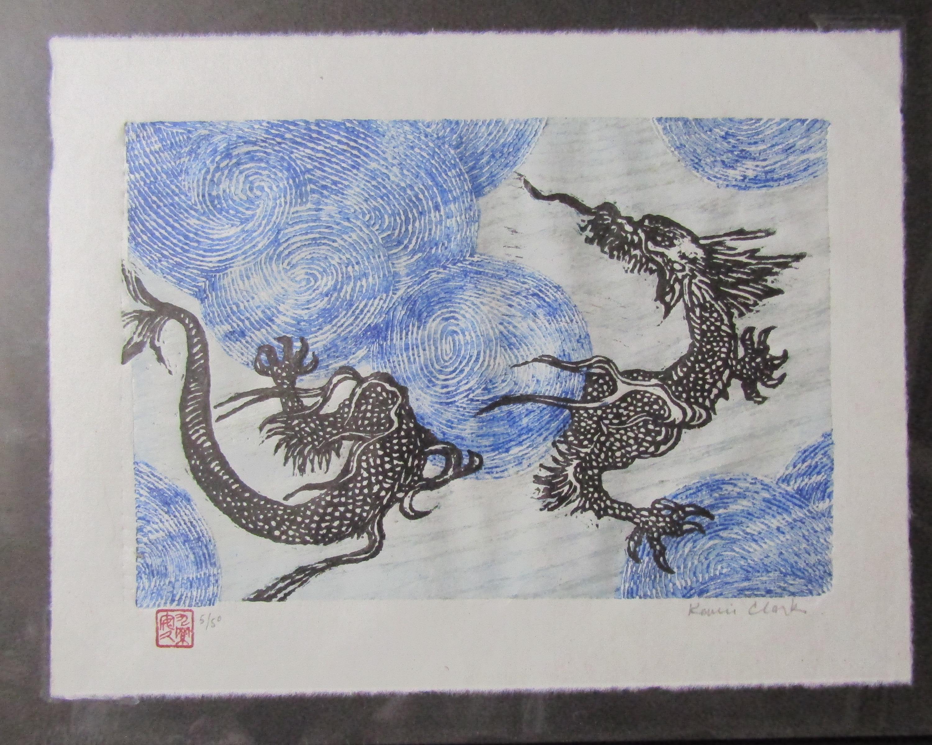 Dragon Cloud Ryu Liu Hand Carved Woodcut Woodblock Print Japanese