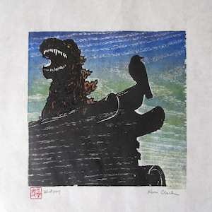 Temple Kaiju godzilla-like monster dinosaur and the Crow original hand carved woodblock print Moku Hanga Japanese washi paper signed Clark