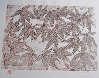 Japanese Maple Leaf Acer hand carved woodcut woodblock print Moku Hanga signed Kevin Clark