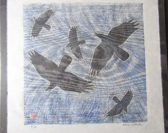 Crows Ravens Original woodcut woodblock print on Japanese moku hanga Washi paper signed Clark