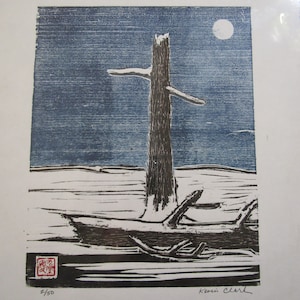 Dead Tree in Winter original hand carved woodblock print  Moku Hanga Japanese washi paper signed Kevin Clark