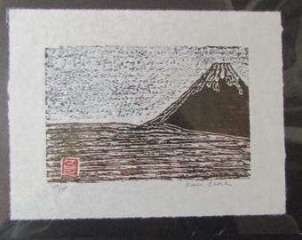Red Fuji mountain Japan original hand carved woodcut woodblock print Moku Hanga Japanese washi paper signed Kevin Clark